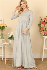 C68-A-2-D3409A-H. GREY QUARTER SLEEVE PLEATED WAIST SOLID MAXI DRESS 2-2-2-2