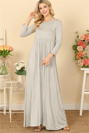 C68-A-2-D3409A-H. GREY QUARTER SLEEVE PLEATED WAIST SOLID MAXI DRESS 2-2-2-2