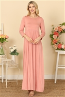 C68-A-2-D3409A-D. PINK QUARTER SLEEVE PLEATED WAIST SOLID MAXI DRESS 2-2-2-2