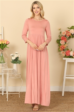 C68-A-2-D3409A-D. PINK QUARTER SLEEVE PLEATED WAIST SOLID MAXI DRESS 2-2-2-2