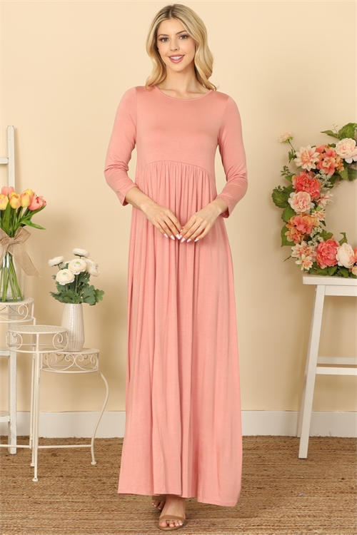 C68-A-2-D3409A-D. PINK QUARTER SLEEVE PLEATED WAIST SOLID MAXI DRESS 2-2-2-2  (NOW $5.75 ONLY!)