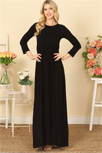 C68-A-2-D3409A-BLACK QUARTER SLEEVE PLEATED WAIST SOLID MAXI DRESS 2-2-2-2