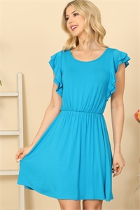 C68-A-3-D3901-TURQUOISE RUFFLE SLEEVE CINCH WAIST SOLID DRESS 2-2-2-2