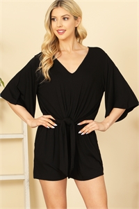 C74-A-1-R7060-BLACK V-NECK HALF SLEEVE WAIST TIE SOLID ROMPER 1-2-2-2