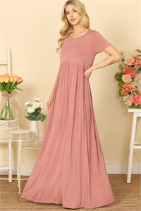 C76-A-2-D3704-D. PINK SHORT SLEEVE ROUND NECK PLEATED WAIST SOLID MAXI DRESS 2-2-2-2