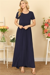 C80-A-2-D3704-NAVY SHORT SLEEVE ROUND NECK PLEATED WAIST SOLID MAXI DRESS 2-2-2-2