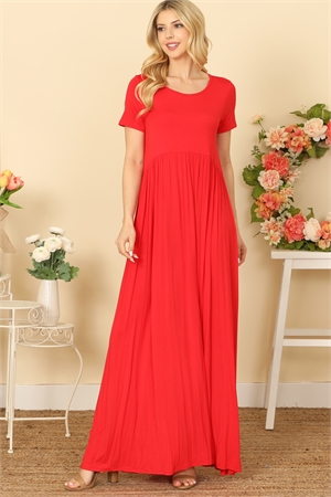C80-A-2-D3704-RED SHORT SLEEVE ROUND NECK PLEATED WAIST SOLID MAXI DRESS 2-2-2-2