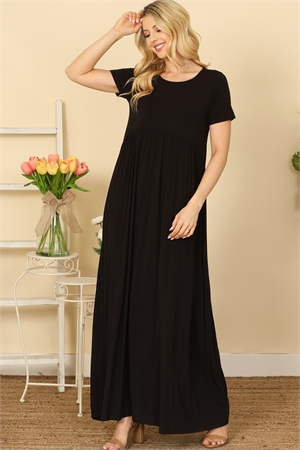 S76-A-3-D3704-BLACK SHORT SLEEVE ROUND NECK PLEATED WAIST SOLID MAXI DRESS 2-2-2-2