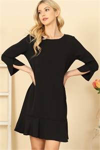 C86-A-1-D3939-BLACK QUARTER SLEEVE RUFFLE HEM SOLID DRESS 1-2-2-0