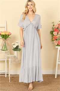 S6-7-1-D5136-SILVER V-NECK HALF SLEEVE RUFFLE DETAIL PLEATED MAXI DRESS 2-2-2-2