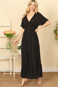 S4-8-4-D5136-BLACK V-NECK HALF SLEEVE RUFFLE DETAIL PLEATED MAXI DRESS 2-1-2-2