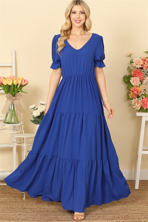 S4-8-4-D5551-ROYAL BLUE V-NECK RUFFLE PUFF SLEEVE TIERED SOLID MAXI DRESS 2-2-2-2