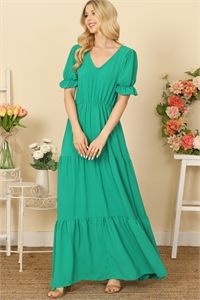 S4-8-4-D5551-K. GREEN V-NECK RUFFLE PUFF SLEEVE TIERED SOLID MAXI DRESS 2-2-2-2