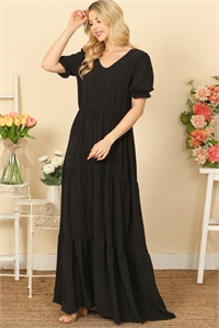 S4-8-4-D5551-BLACK V-NECK RUFFLE PUFF SLEEVE TIERED SOLID MAXI DRESS 2-1-2-2