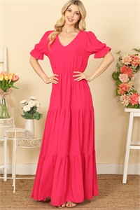 S4-9-2-D5551-FUCHSIA V-NECK RUFFLE PUFF SLEEVE TIERED SOLID MAXI DRESS 2-2-2-2