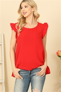 S5-1-2-T4378-1-RED RUFFLE SLEEVE ROUND NECK SOLID TOP 2-2-2-2