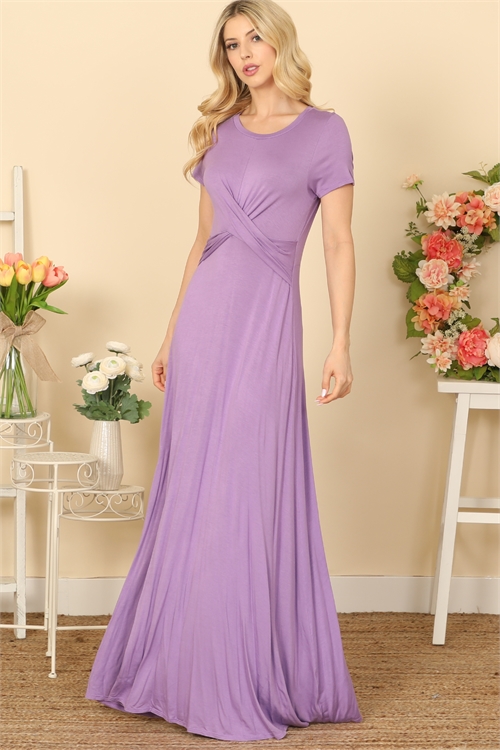 S9-9-1-D5099-LAVENDER SHORT SLEEVE ROUND NECK CROSS FRONT SOLID MAXI DRESS 2-2-2-2