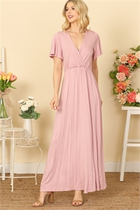 S9-7-1-D3911-1-D. PINK BELL SLEEVE SURPLICE NECK SOLID MAXI DRESS 2-2-2-2