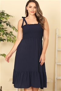 S6-9-2-D5559X-NAVY PLUS SIZE TIE STRAP SMOCKED SOLID DRESS 2-2-2