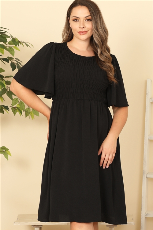 S9-7-1-D5550X-BLACK PLUS SIZE BELL SLEEVE SMOCKED SOLID DRESS 2-2-2