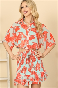 S9-8-4-SET161-162-AQUA SKY CORAL FLORAL HALF SLEEVE BUTTON TOP SMOCKED RUFFLE HEM SKIRT 1-2-1