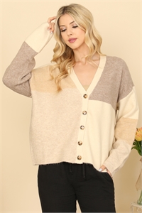 S9-9-2-S468-IVORY MOCHA V-NECK COLOR BLOCK BUTTON DETAIL SWEATER 2-2-1