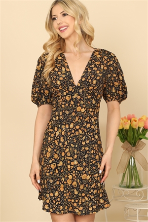 S9-8-3-D202-DK. NAVY GOLD PUFF SLEEVE V-NECK FLORAL DRESS 2-2-1