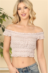 S5-2-4-T231-WHITE TAUPE PRINTED OFF SHOULDER SMOCKED CROP TOP 2-2-1