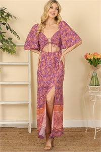S9-9-2-D58-PURPLE RUST BELL SLEEVE FRONT TIE CUT-OUT SLIT PRINTED MAXI DRESS 2-2-1