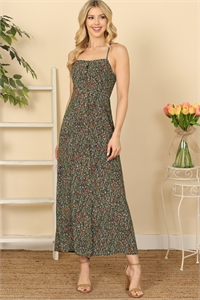 S9-8-4-D150-BLACK GREEN SPAGHETTI STRAP BUTTON-DOWN CRISS CROSS BACK FLORAL MAXI DRESS 1-2-1