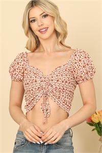 S9-8-4-T51-CREMA RUST RUCHED TIE DETAIL PUFF SLEEVE PRINTED CROP TOP 1-2-1