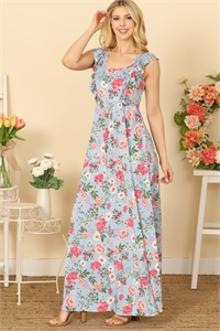 S6-8-1-D3090-12-D. BLUE RUFFLE SLEEVE SCOOP NECK PLEATED WAIST FLORAL MAXI FLORAL DRESS 2-2-2-2