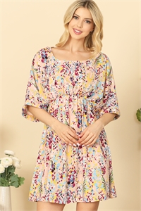 S7-8-3-D5122-1-D. PINK BOAT NECK HALF SLEEVE CINCH WAIST PRINTED MIDI DRESS 1-1-1-0