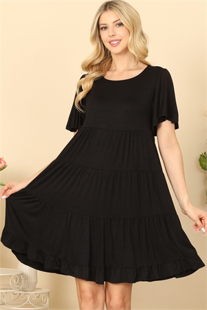 S7-9-1-D5015-BLACK RUFFLE SHORT SLEEVE TIERED SOLID DRESS 2-2-2-2