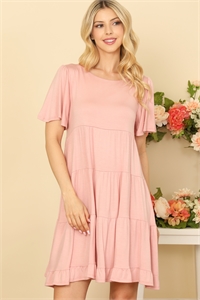 SA3-7-2-D5015-D. PINK RUFFLE SHORT SLEEVE TIERED SOLID DRESS 2-2-2-2