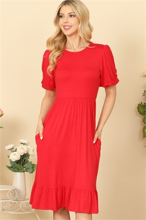 SA4-6-2-D5558-RED PUFF SLEEVE SIDE POCKET CINCH WAIST SOLID DRESS 2-2-2-2