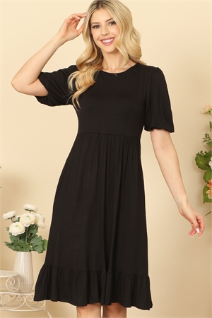 SA4-6-2-D5558-BLACK PUFF SLEEVE SIDE POCKET CINCH WAIST SOLID DRESS 2-2-2-2