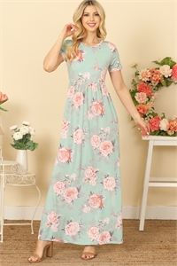 S4-3-2-D3515-55-SAGE W/ ROSES SHORT SLEEVE ROUND NECK MAXI DRESS 2-2-2-2