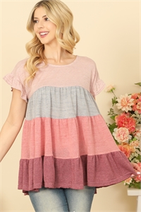 S8-9-3-T17245-MAUVE BERRY RUFFLE SHORT SLEEVE COLOR BLOCK TOP 2-2-2