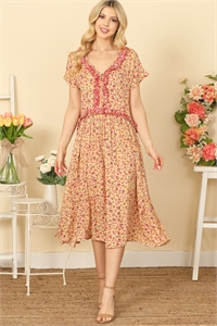 S9-1-3-D20431-YELLOW SURPLICE SPAGHETTI STRAP SMOCKED WAIST FLORAL DRESS 2-2-2