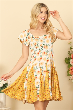 S7-7-2-D20003-IVORY YELLOW SQUARE NECK SHORT SLEEVE GODET HEM FLORAL DRESS 2-2-2