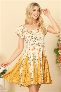 SA3-4-4-D20003-IVORY YELLOW SQUARE NECK SHORT SLEEVE GODET HEM FLORAL DRESS 3-3-1