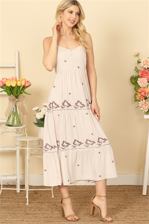 S8-10-2-D17121-LT. MOCHA SPAGHETTI STRAP BUTTON DETAIL PRINTED TIERED MIDI DRESS 2-2-2