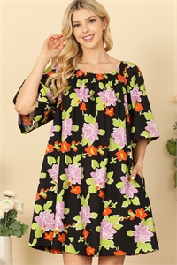 SA4-0-3-D17509-BLACK LAVENDER BELL SLEEVE SIDE POCKET BABYDOLL FLORAL MINI DRESS 2-2-2