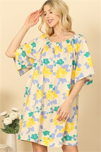 SA4-0-3-D17509-TAUPE YELLOW BELL SLEEVE SIDE POCKET BABYDOLL FLORAL MINI DRESS 2-2-2