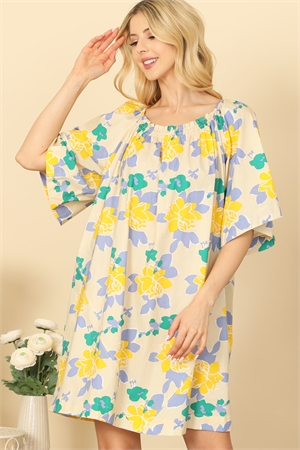 SA4-0-3-D17509-TAUPE YELLOW BELL SLEEVE SIDE POCKET BABYDOLL FLORAL MINI DRESS 2-2-2