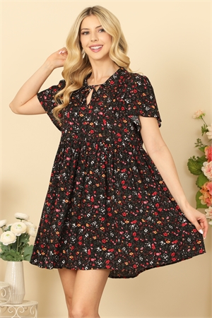 S5-7-2-D17523-BLACK COLLARED TIE DETAIL SHORT SLEEVE PLEATED BABYDOLL MINI DRESS 2-2-2