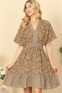 SA3-4-4-D20042-LT. OLIVE BELL SLEEVE V-NECK SMOCKED WAIST PRINTED DRESS 1-2-2