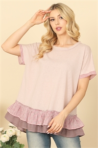 SA3-4-4-T17344-MAUVE HORT SLEEVE STRIPE LAYERED RUFFLE HEM TOP 1-1-2