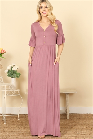 C68-A-1-D3997-MAUVE FLOUNCE SLEEVE V-NECK BUTTON DETAIL PLEATED WAIST SOLID MAXI DRESS 2-2-2-2